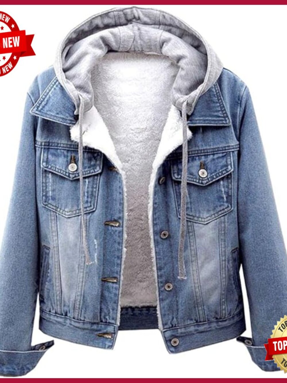 Women's Denim Jacket With Detachable Hood Sherpa Fleece Lined Winter Coat